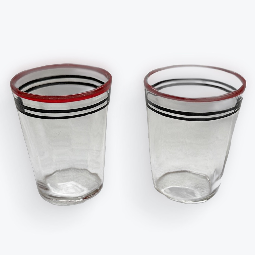 Vintage Nostalgic 1960s Era Matched Red & Black Banded Pair Clear Shot Glasses